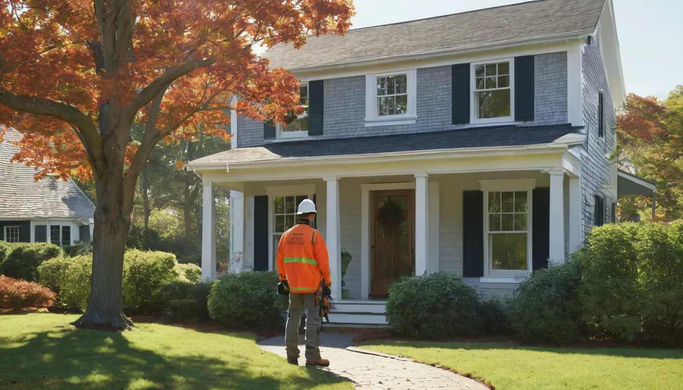 Friendly tree removal provider inspecting a large tree beside a home in Biddeford